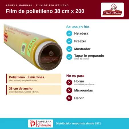 Papel Film Adherente Polietileno 38 cm x 200 Abuela Marina para Cocina