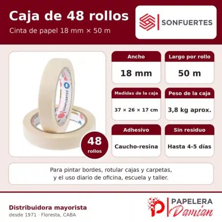 Cinta de papel 18 mm × 50 m SonFuertes® caja de 48 rollos