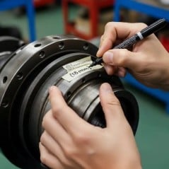 Rotulando una pieza de taller con cinta de papel de 18 mm escrita con marcador