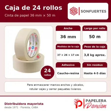 Cinta de papel 36 mm × 50 m SonFuertes® caja de 24 rollos