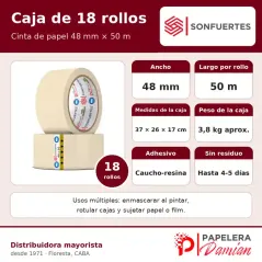 Cinta de papel ancha 48 mm × 50 m SonFuertes® caja de 18 rollos