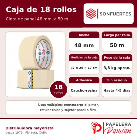 Cinta de papel ancha 48 mm × 50 m SonFuertes® caja de 18 rollos