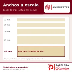 Comparación a escala de los anchos de cinta de papel de 12, 18, 24, 36 y 48 mm, con la de 48 mm resaltada