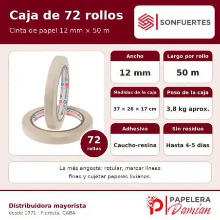 Cinta de papel angosta 12 mm × 50 m SonFuertes® caja de 72 rollos