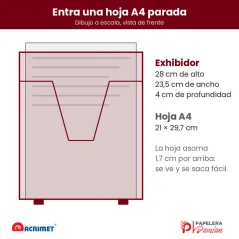 Dibujo a escala del porta folletos Acrimet 863 con una hoja A4 parada adentro y sus medidas exteriores