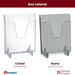 Porta folletos A4 Acrimet 863 en sus dos colores: cristal transparente y humo gris ahumado