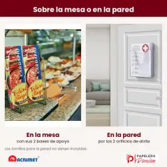 Porta hojas A4 apoyado en un mostrador con sus bases y colgado en una puerta por los orificios de atrás