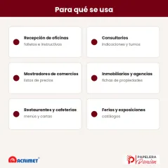 Usos del porta folletos A4: recepción, consultorios, comercios, inmobiliarias, restaurantes y ferias