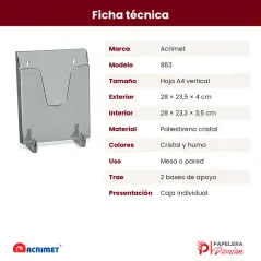 Ficha técnica del porta hojas A4 Acrimet 863: medidas, material, colores y uso en mesa o pared