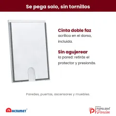 Porta aviso A4 Acrimet 865 con cinta doble faz acrílica en el dorso: se pega sin tornillos