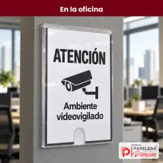 Cuadro multiuso A4 pegado en una columna de oficina con un cartel de cámara de seguridad