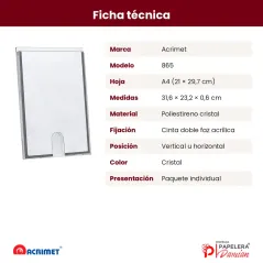 Ficha técnica del cuadro multiuso Acrimet 865: medidas, material, fijación con cinta y posición
