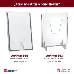 Comparación entre el porta hoja adhesivo Acrimet 865 para pared y el porta folletos Acrimet 863