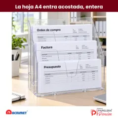 Organizador triple Acrimet 860 con hojas A4 acostadas que entran enteras en cada compartimento