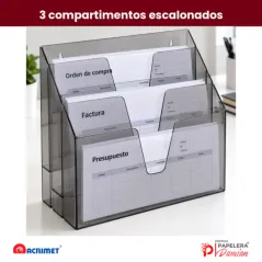 Organizador Acrimet 860 humo con 3 compartimentos escalonados y recorte en U en cada pared