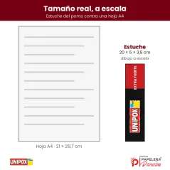 Estuche de Unipox Extra Fuerte 100 ml de 20 x 5 x 3,5 cm dibujado a escala junto a una hoja A4