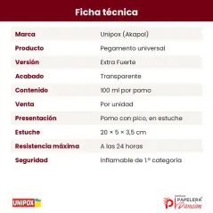Ficha técnica de Unipox Extra Fuerte 100 ml: pegamento universal transparente, en estuche, resistencia a las 24 h