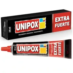 Unipox Extra Fuerte 100 ml, pegamento universal transparente: pomo grande con pico junto a su estuche