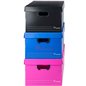 Cajas plásticas grandes con tapa Plana 804 apiladas en niveles estables para ganar altura de depósito — Papelera Damián Cajas plásticas grandes con tapa Plana 804 apiladas en niveles estables para ganar altura de depósito — Papelera Damián