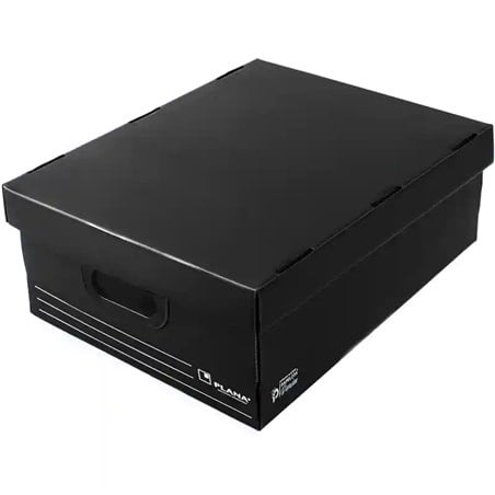 Caja plástica apilable con tapa Plana 801 NEGRA — Papelera Damián, distribuidor oficial Plana