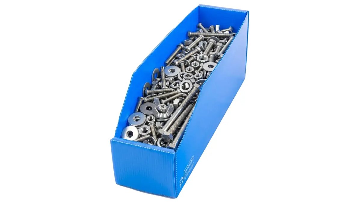 Gaveta plástica azul Plana llena de tornillos, tuercas y arandelas
