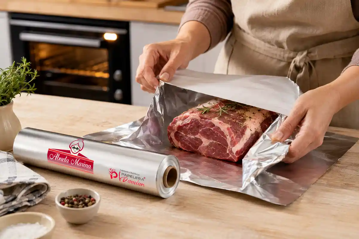 manos envolviendo una pieza de carne con la cara brillante visible hacia adentro