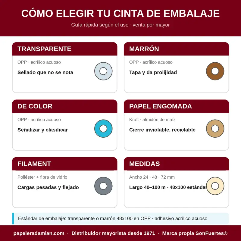 Cómo elegir cinta de embalaje por mayor: transparente, marrón, de color, papel engomada y filament, con medidas 24/48/72 mm y 40 a 100 m