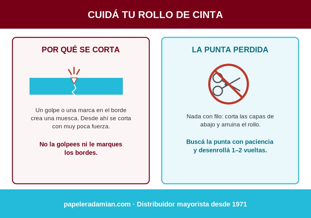 Infografía: cómo cuidar el rollo de cinta de embalaje — por qué se corta (una muesca en el borde propaga el desgarro) y cómo no perder la punta sin usar objetos con filo
