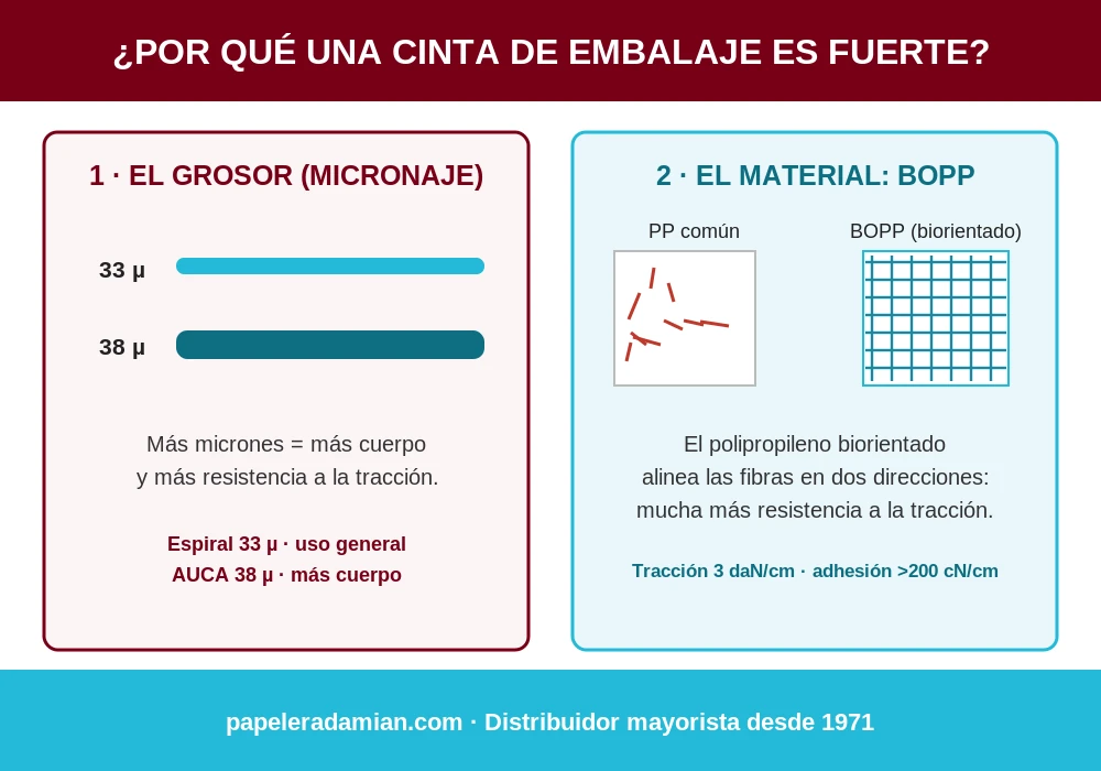 Infografía: por qué una cinta de embalaje es fuerte — el grosor (micronaje) y el BOPP, polipropileno biorientado que alinea las fibras y aumenta la resistencia a la tracción